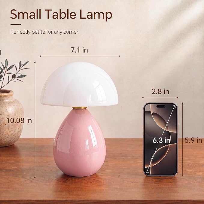 Mushroom Lamp Table Lamp for Bedroom-Small Desk Table Lamps,Pink | Ice Crackle 10.08" Mid Century Modern Table Lamps for Living Room Bedroom Decor,Ceramic Lamps for Home Room Decor,Glass Shade
