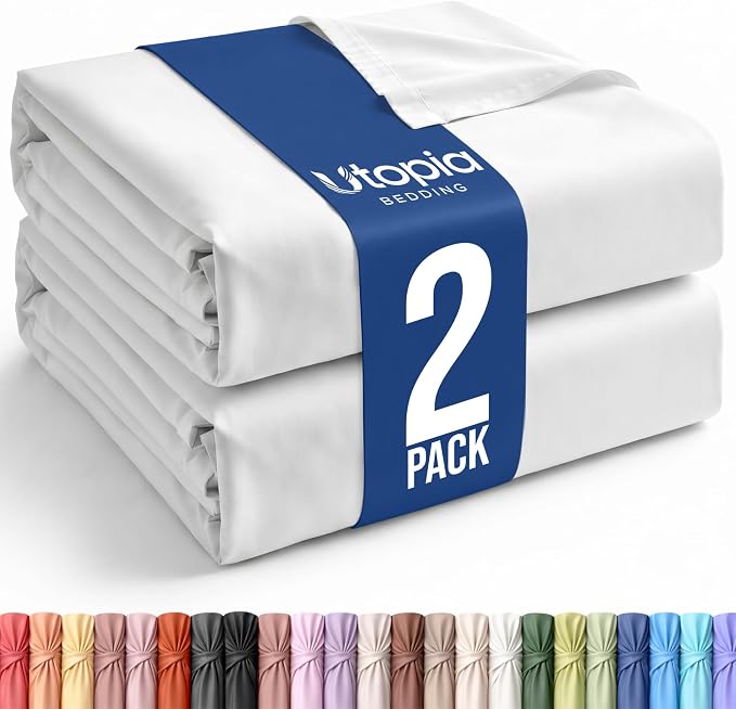 Full Size Flat Sheet Only Pack of 2, Ultra Soft Hotel Sheets, White | Hotel Bedding, Cooling Comfort, Smooth Feel, Wrinkle & Fade Resistant, Easy Care, Long-Lasting, Machine Washable, OEKO-TEX