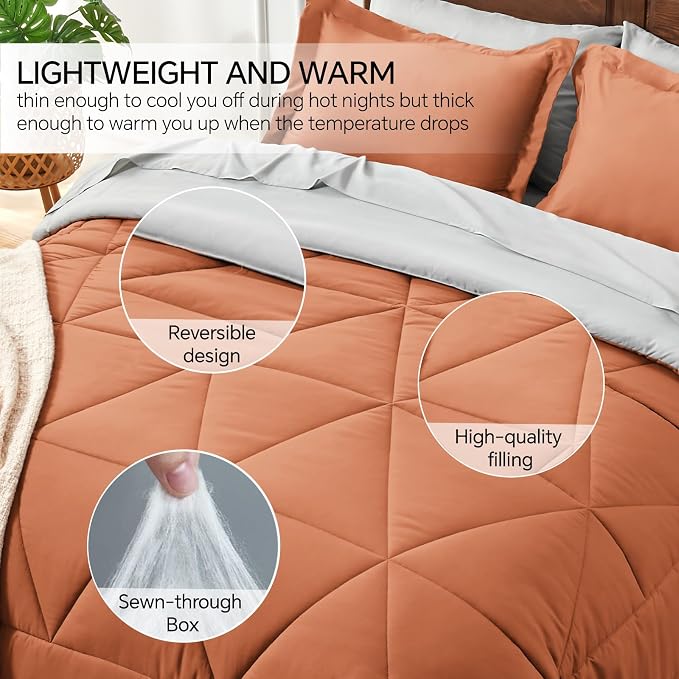 BEDELITE Twin Comforter Set 5 Pieces, Reversible Burnt Orange Bed in A Bag | Soft All Season Down-Alternative Comforter, Sheets, Pillowcases & Shams, OEKO-TEX Certified Bedding for Bedrrom, Guest Room