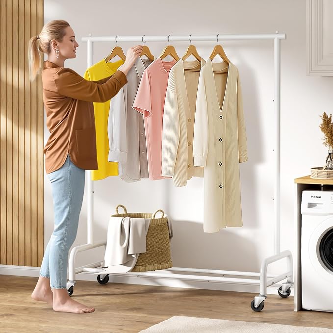 SLEEPING LAMB Heavy Duty Clothes Racks for Hanging Clothing Rack, 43" Wide Rolling Garment Rack Metal Wardrobe Rack with Wheels Closet Hanger Rack for Coats, Shirts, Dress, (White)