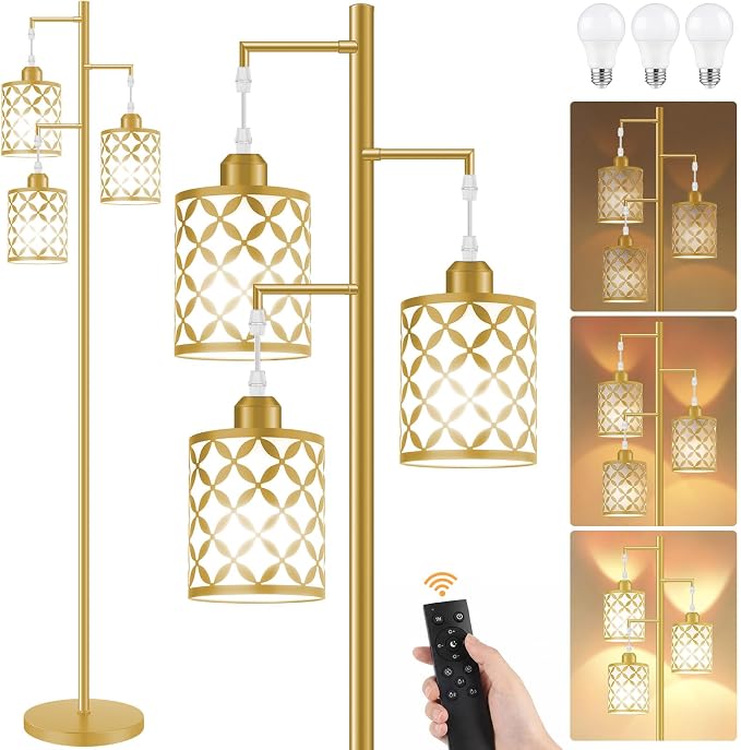 72" Dimmable Floor Lamp with Remote & Timer, Modern Light Luxury Standing Lamp for Living Room Bedroom, 3 Individually Controlled Heads, 2 Height Options, 3x 1100LM LED Bulbs Included -Gold