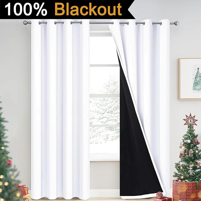 Yakamok Pure White 100% Blackout Curtains 90 Inches Long 52" Wide 2 Panel | Blackout Curtain Panels for Bedroom, 2 Thick Layers Grommet Top Thermal Insulated Drapes with Black Liner for Living Room