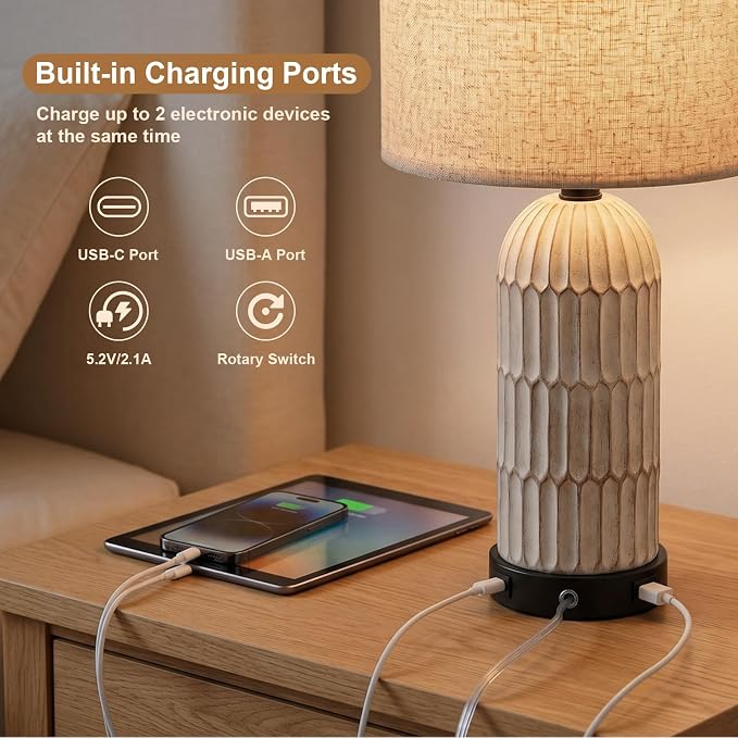 OYEARS 22.5" Bedside Table Lamps Set of 2, Farmhouse Table Lamp with USB A+C Charging Ports,Vintage Nightstand Lamp for Bedrooms and Living Rooms, Retro Resin End Table Lamp with Linen Shade, Black