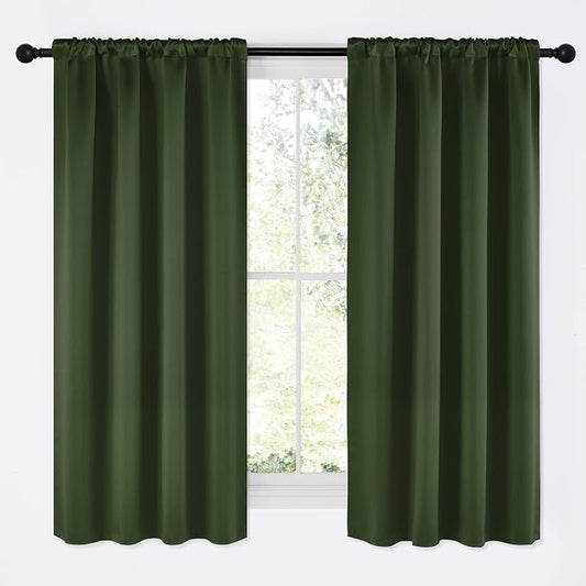 NICETOWN Dark Green Blackout Curtains for Cafe 42" Wide x 63" Long 2 Panels | Satin Curtains for Small Windows Rod Pocket Noise Reducing Faux Silk Drapes for Dining Room Kitchen, Light Blocking Decor