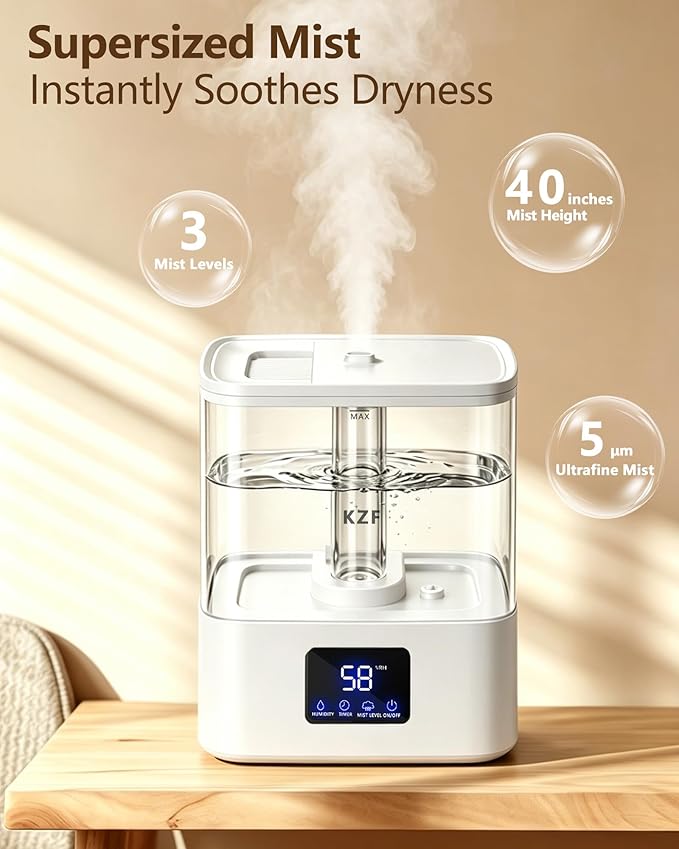 KZF 4L Top Fill Humidifiers for Bedroom & 40H Runtime - Cool Mist Humidifier, 3 Mist Levels, 8H Timer, Essential Oil Tray, Humidity Display, Quiet for Baby, Plants, Large Room (White, 4L)