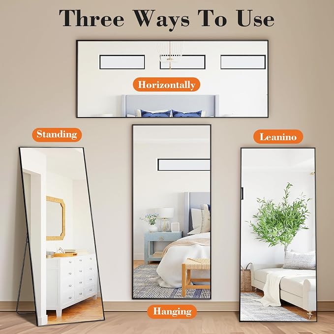 21"x64" Mirror Full Length, Upgraded Body Wall Mirrors | Shatter-Proof Glass, Floor Standing, Hanging or Leaning, Tall Mirror with Stand Aluminum Alloy Frame for Bedroom, Black