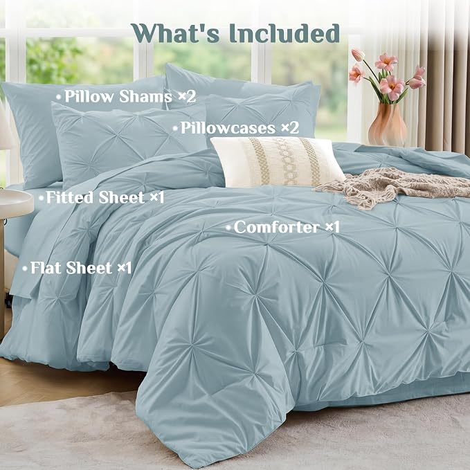 JOLLYVOGUE Full Size Comforter Sets 7 Pieces - Bed in a Bag Full for All Season, Pintuck Bedding Comforter Sets with Comforter, Flat Sheet, Fitted Sheet and Pillowcases & Shams, Greyish Blue