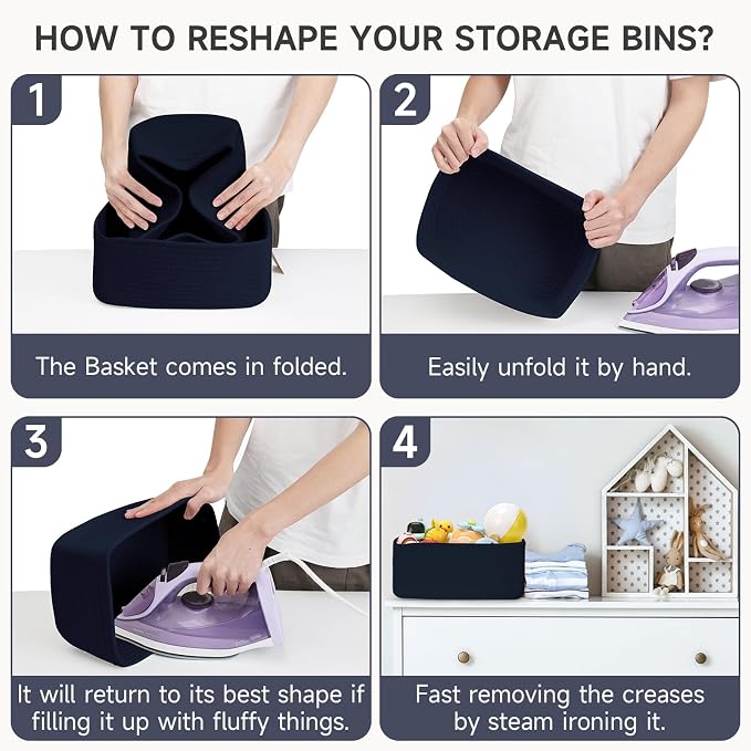 3 Pack Small Storage Baskets for Organizing, 11.8×7.8×5.1", Navy Blue | Woven Baskets for shelves, Cotton Rope Basket for Gifts Empty, Closet Organizer Bins with Handles, Cube Decorative Box