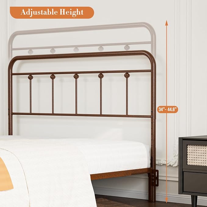 Victorian Metal Queen Size Headboard, Adjustable Height, Brown | Sturdy Steel Queen Head Board Only for Bedroom, Bed Frame Brackets Adapter, Farmhouse Vintage Style, Easy Assembly