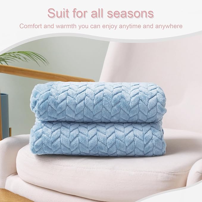 Exclusivo Mezcla Fleece Throw Blanket for Couch Sofa, 50”x70”, Light Blue | Oversized Soft Cozy Fluffy Blankets for Summer, Decorative Plush Flannel Throws for Living Room, Bedroom with Leaves Pattern