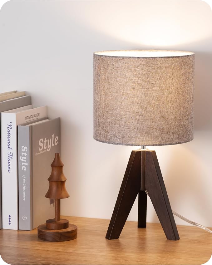 EDISHINE Boho Small Table Lamp, Wood Lamp, Grey Linen Lampshade,14.2 Inch | Walnut Color Tripod Bedside Lamp, Farmhouse Nightstand Lamp for Nursery, Bedroom, Office, Kid Room, Living Room, E26 Socket