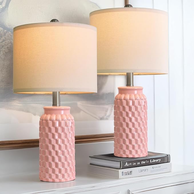 USumkky 20.5" Pink Table Lamps Set of 2,Modern Farmhouse Bedside Lamps - Ceramic Nightstand Lamps for Bedroom,Boho Living Room End Tables,Small Office Desk Lamp