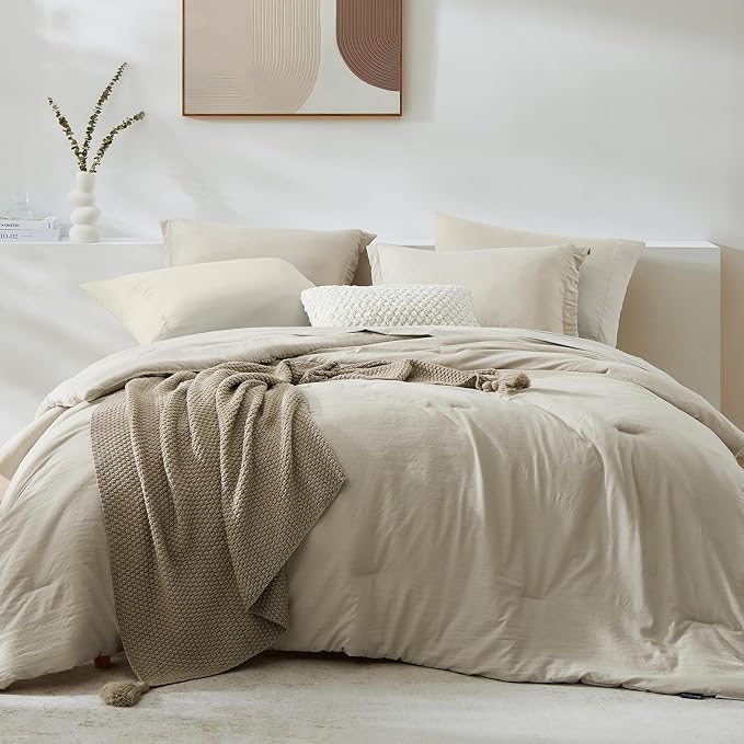 Super King Plus Size Comforter Set- 7 Pieces Bed in a Bag King Bedding Sets | Prewashed All Season Comforter with Sheets, Pillow Shams & Pillowcases,Light Oatmeal