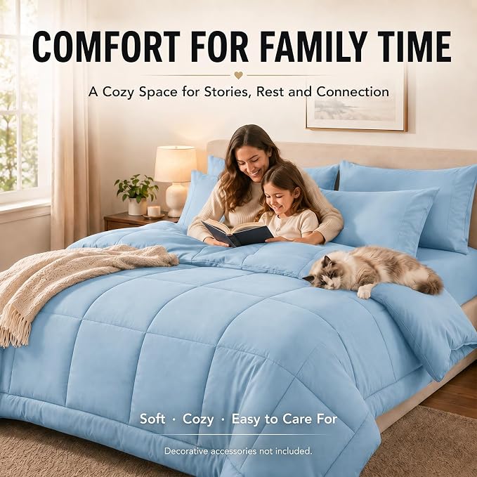 Oversized Queen Comforter Set Baby Blue - 7 Pieces Bed in a Bag | OEKO-TEX Certified, All-Season, Bedroom, Guest Room, Down-Alternative Comforter + Flat & Fitted Sheets + 4 Pillowcases