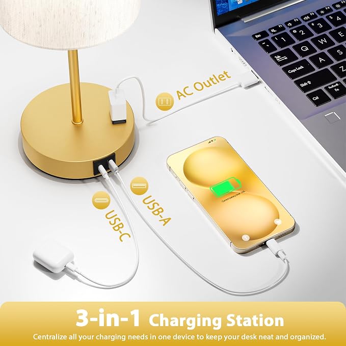 17.6" Gold Touch Lamps for Bedroom Set of 2 - Dimmable, USB C+A, AC Outlet | Large 17.6" Tall Lamp, 3-Way Dimming, 5000K Daylight Bulbs, Cream Lampshade Gold Base, for Living Room, Boys, Men, Girls