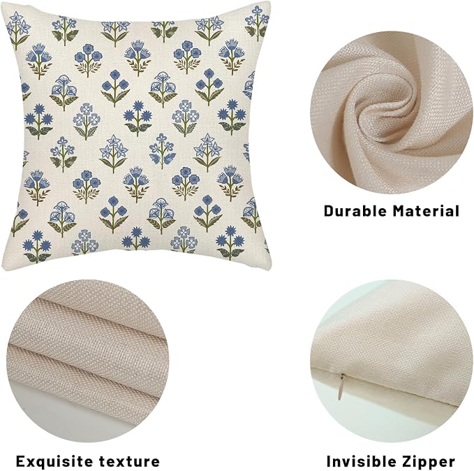 Blue Green Pillow Covers 20x20 Inch 2 Pcs Block Print Vintage Floral Decor Throw Pillows Boho Flower Spring Summer Outdoor Seasonal Decoration Pillowcase Linen Cushion Cover for Couch Sofa