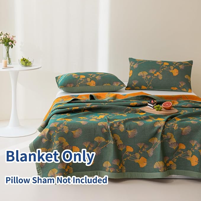 100% Cotton Jacquard Quilt Floral Ginkgo Leaves Print,Soft Muslin Bed Cover 3 Layers Reversible Bedspread Coverlet Breathable Lightweight Bedding,King(98"x94"), No Pillow Sham