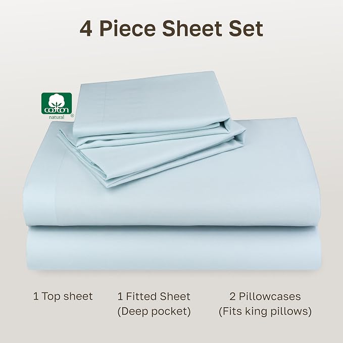 Soft Natural 100% Cotton Sateen King Size Bedsheets, 4 Pc Set, Baby Blue | Backed by Good Housekeeping Seal, Light & Breathable For Hot Sleepers, 14" Deep Pocket, All-Around Elastic, Durable