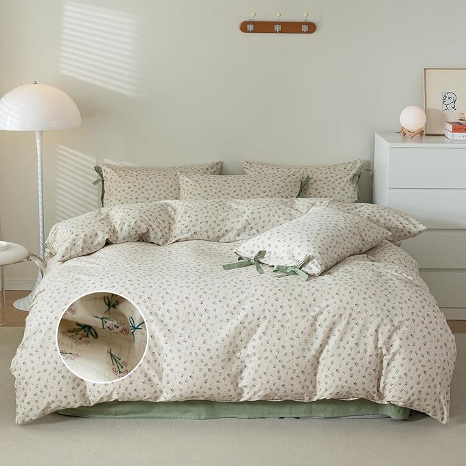 mixinni Country Style Duvet Cover King Size - Cottagecore Green Floral Vintage Bedding 3PC with Bow Ties Pillowcases, 100% Cotton Soft Aesthetic Boho Comforter Cover for Girls-King Size