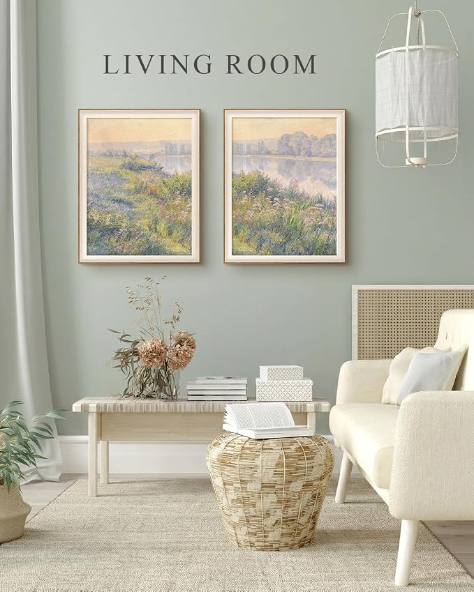 VIYYIEA Framed Landscape Large Wall Art Set of 2, Impressionist Riverbank Meadow Canvas Oil Painting, Pastoral Nature Wall Decor for Living Room Bedroom, 16x20 Inch