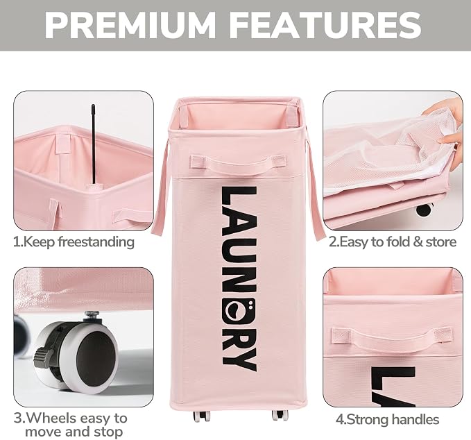 Goodpick 75L Laundry Hamper with Wheels, Dorm Room Essentials for Girls | Rolling Laundry Basket with Handles for Dirty Clothes, Fodable Hamper for Laundry Room, College Dorm, Pink