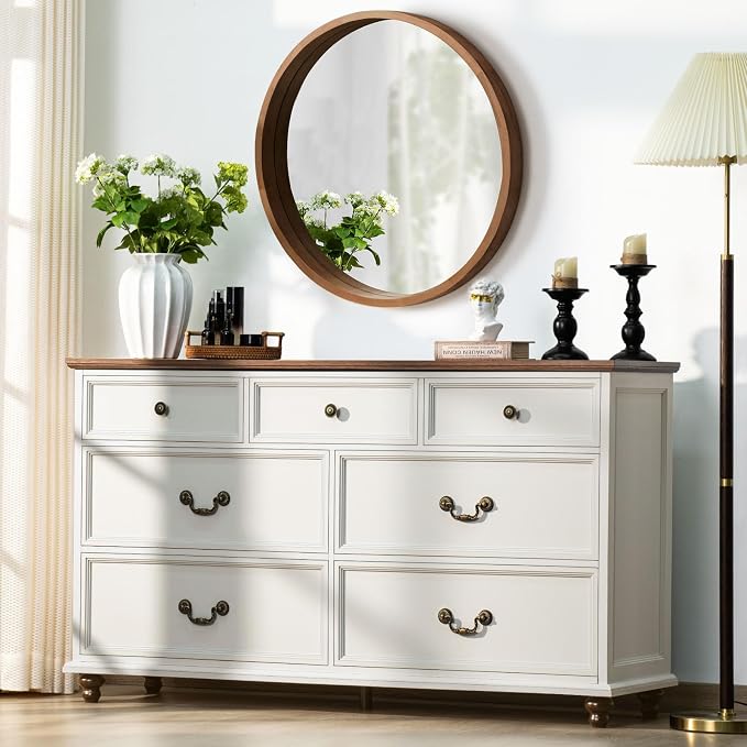 Joaxswe Farmhouse 54" 7 Drawers Dresser for Bedroom, White Wood Chest of Drawers w/ 4 Wooden Legs, Vintage Closet Storage Dressers Organizer for Hallway, Rustic Large TV Stand for Living Room, Foyer