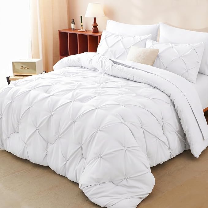HIMEET Twin Comforter Set White - 5 Pieces Pintuck Bed in a Bag | OEKO-TEX Certified, 240GSM Down Alternative Comforter, 14" Deep Pocket Fitted Sheet + Flat Sheet + 1 Pillowcase + 1 Sham