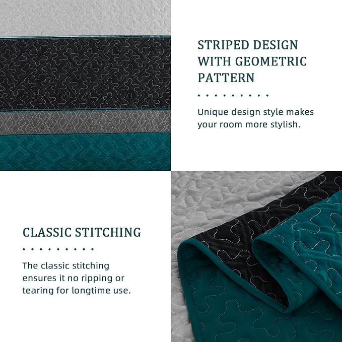 Cottolester Boho Quilt Set Queen,Striped Plaid Bedspreads Set,Peacock Blue | Lightweight Coverlets Set with 2 PillowShams,All Seasons Microfiber Quilt Bedding Sets for Bedroom Guest Room 96"x90"