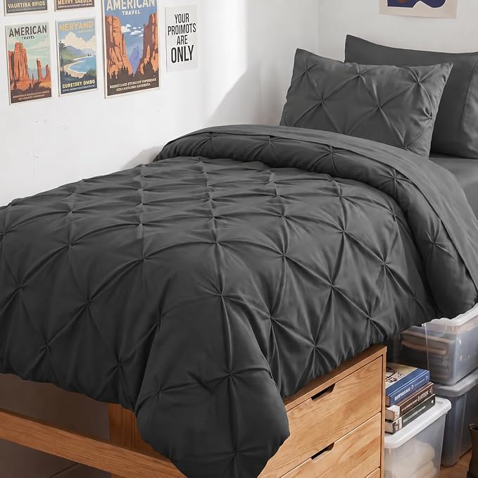 HIMEET Twin XL Comforter Set Dark Grey - 5 Pieces Pintuck Bed in a Bag | OEKO-TEX Certified, 240GSM Down Alternative Comforter, 14" Deep Pocket Fitted Sheet + Flat Sheet + 1 Pillowcase + 1 Sham