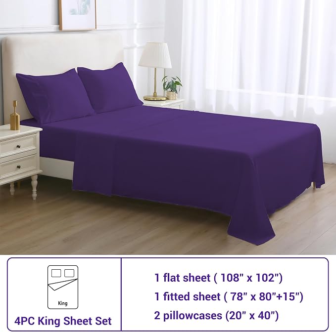 Softan Microfiber King Sheet Set with Non-Slip Corner Straps, Purple | 15" Deep Pocket Fitted Bed Sheets, Double Brushed Microfiber, Sheets & Pillowcase for All Season