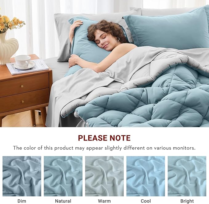 7 Pieces King Comforter Set, Reversible Bed in a Bag King Size, All Season Bedding Set with Comforter, Flat Sheet, Fitted Sheet, Pillowcases & Shams, Greyish Blue & Light Grey