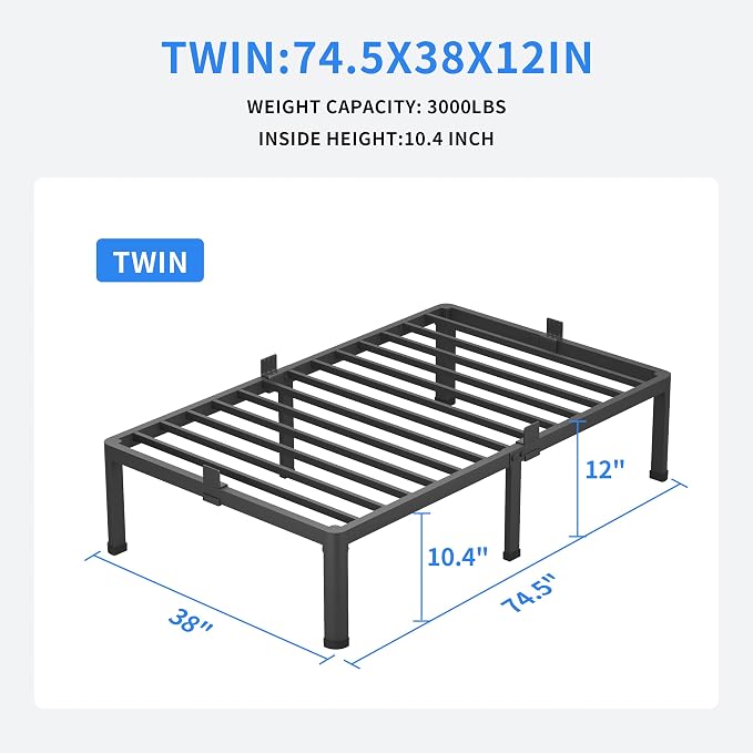 MAF 12 Inch Twin Metal Platform Bed Frame with Round Corner Legs | Mattress Baffle, 3000 LBS Heavy Duty Steel Slat Support, Noise Free, No Box Spring Needed, Easy Assembly, 10.4" Storage Space