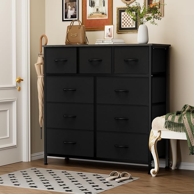 DUMOS Dresser for Bedroom, Storage Organizer with 9 Drawers | Chest of Drawers with Fabric Bins, Sturdy Metal Frame, Wood Tabletop for Guest Room, Closet, Entryway, Solid Black