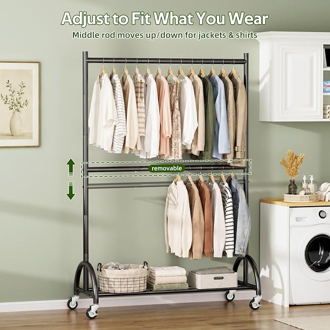 MISSLO Heavy Duty Clothing Racks for Hanging Clothes Double Rod Rolling Closet Rack with Wheels for Coats, Garment Storage, Black