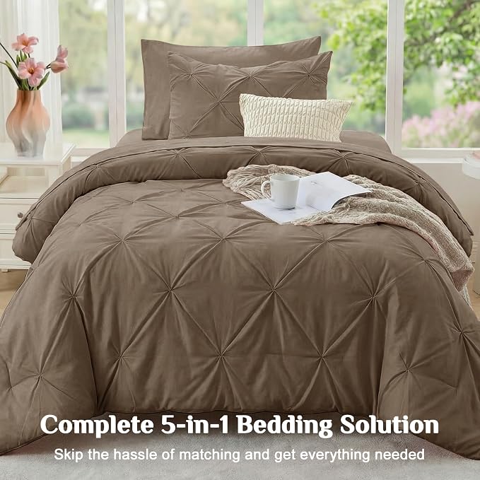 JOLLYVOGUE Twin Comforter Set 5 Pieces - Bed in a Bag Twin for All Season, Pintuck Bedding Comforter Sets with Comforter, Flat Sheet, Fitted Sheet and Pillowcases & Shams, Brown