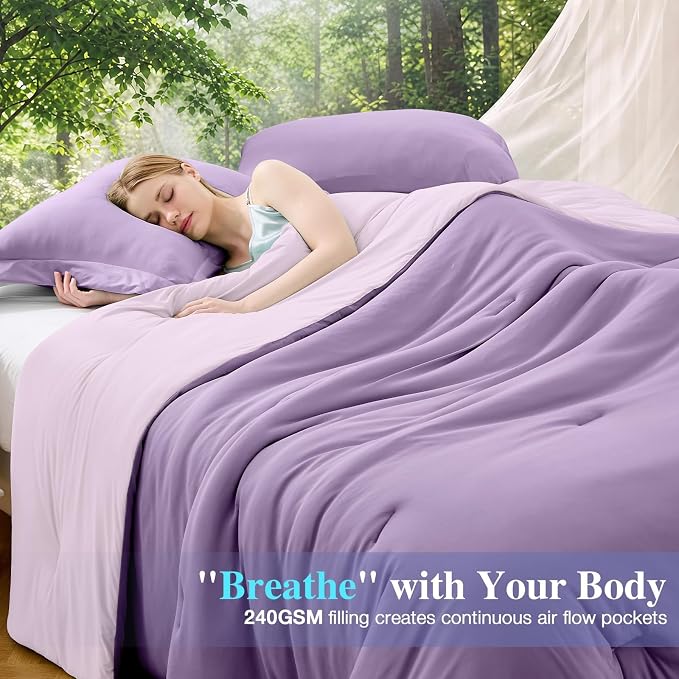 Cooling Comforter Set Twin XL Size, Lightweight Summer Comforter for Hot Sleeper, Reversible Bedding with ICY Cooling Surface, Includes 1 Comforter (68"x 88") and 2 Shams (20"x 26"), Lavender