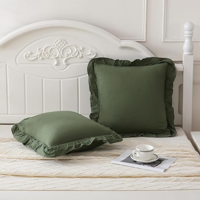 Merryword Olive Green Pillowcases 18x18 Cute Throw Pillow Covers Pack of 2 Ruffle Pillowcase Cushion for Couch Sofa Bedroom