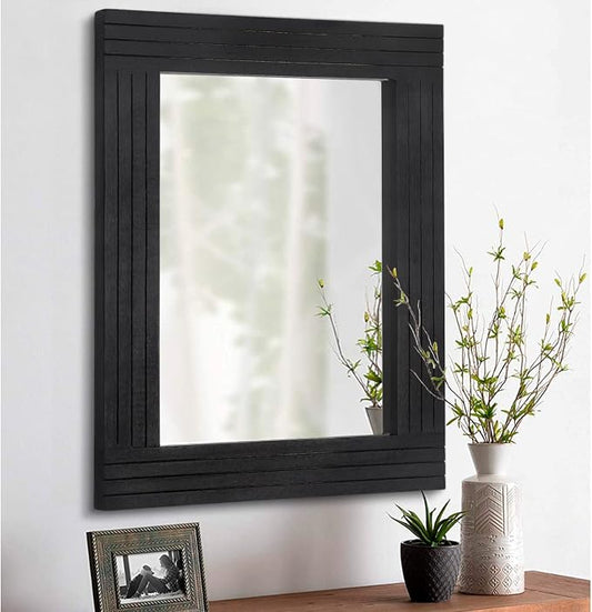 Black Vintage Rustic Wood Framed Wall Mirror Farmhouse Rectanglular Antique Decor Hanging Mirror for Bathroom Bedroom Living Room Entryway Large 16"x12"
