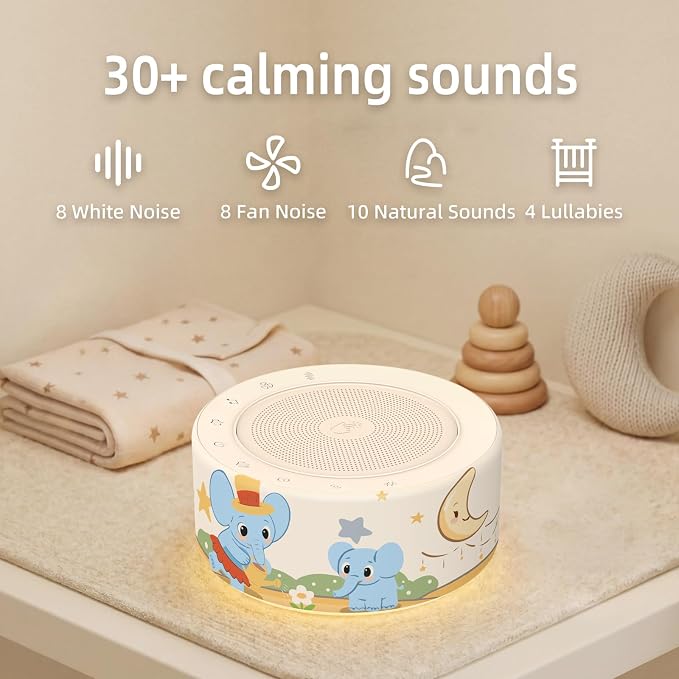 Kipcush White Noise Machine for Baby & Adults, Sleep Sound Machine with 30 Soothing Sounds, 8-Color Night Light, Memory Function, White Noise for Sleeping, Nursery, Office, Travel, Relaxation