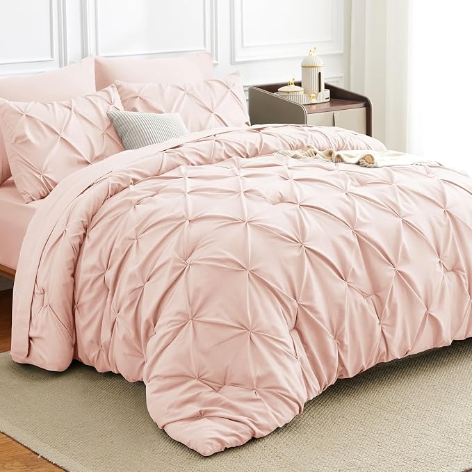 HIMEET Queen Comforter Set Peach Pink - 7 Pieces Pintuck Bed in a Bag | OEKO-TEX Certified, 240GSM Down Alternative Comforter, 14" Deep Pocket Fitted Sheet + Flat Sheet + 2 Pillowcases + 2 Shams
