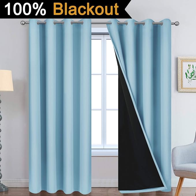 Yakamok Sky Blue 100% Blackout Curtains 84 Inches Long 52" Wide 2 Panel | Blackout Curtain Panels for Bedroom, 2 Thick Layers Grommet Top Thermal Insulated Drapes with Black Liner for Living Room