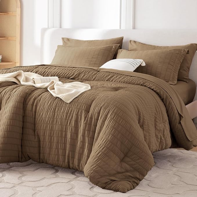 7 Pieces Oversized Queen Comforter Set, Seersucker Bed in a Bag Oversized Queen Size, All Season Luxury Bedding Set with Comforter, Flat Sheet, Fitted Sheet, Pillowcases & Shams, Brown