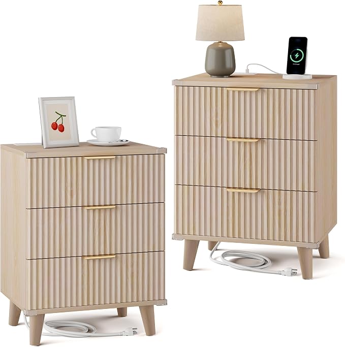 Wood Nightstands Set of 2 w/Charging Station, 3 Drawers Fluted Dresser | Natural, Large Drawers, Metal Silent Rails, FSC Wooden, Sturdy Legs, Modern Fluted Panel, Living Room, Bedside Table