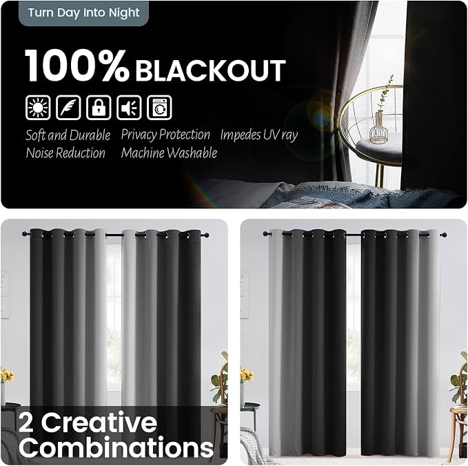 SimpleHome Ombre Black 100% Blackout Bedroom Curtains with White Liner 84L | 84 Inches Long,Room Darkening Thermal Insulated Grommet Curtain for Living Room,Window Gradient Drapes,2 Panels Set,52Wx84L