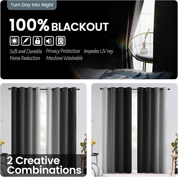 SimpleHome 100% Blackout Ombre Bedroom Curtains Black and Greyish White,72L | Room Darkening Curtains,Thermal Insulated Grommet Window Drapes and Curtains for Living Room,2 Panels, 52x72 inches Length