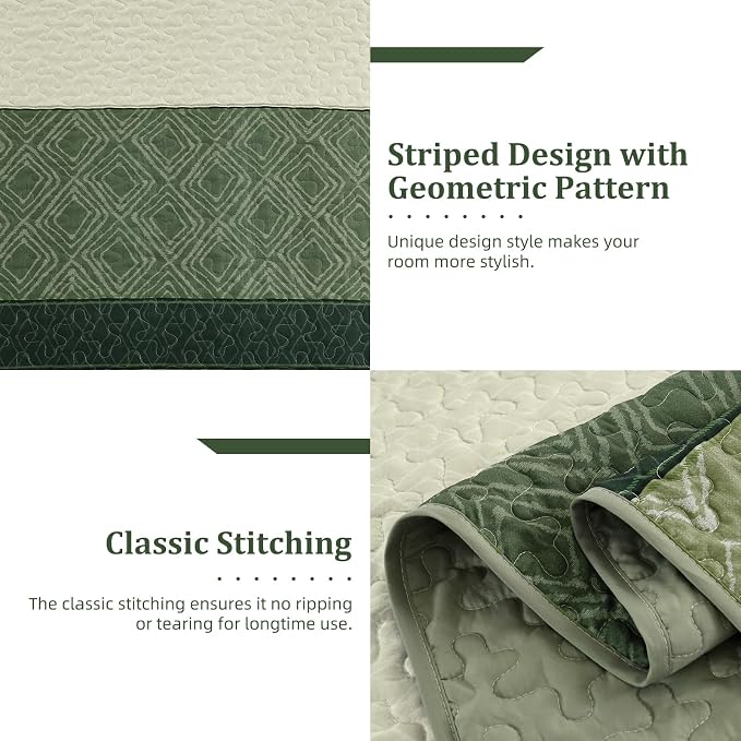 Cottolester Sage Green Quilt Set Queen,3 Pcs Summer Striped Bedspread Set | Lightweight Summer Fresh Green Patchwork Coverlets Set with 2 Pillowshams,Soft Microfiber Quilt Bedding Sets 110"x90"