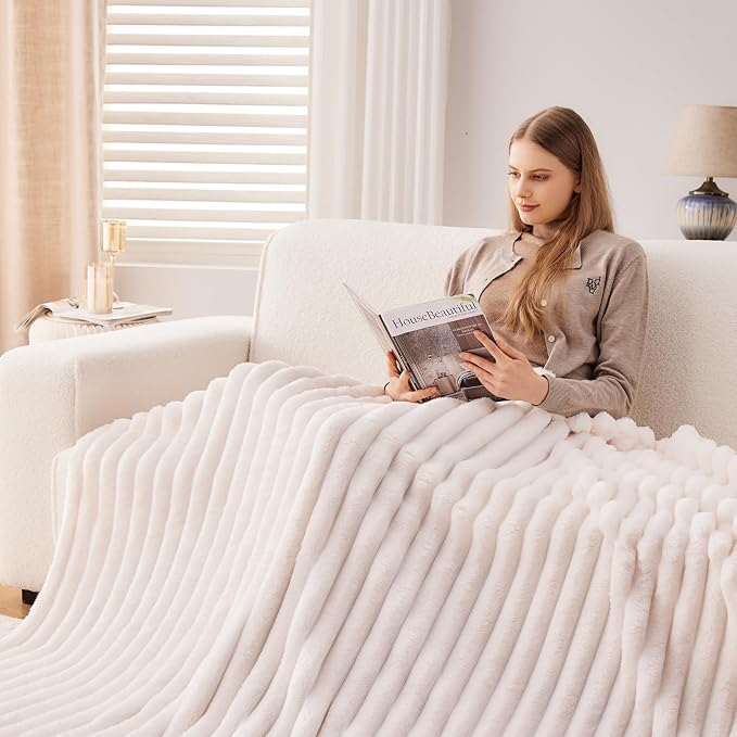 NEWCOSPLAY Fleece Ribbed Cozy Queen Blanket for Couch, Ivory, 90"x90" | Premium Silky Flannel Blanket, Soft Lightweight Fluffy Throw Blanket for Bed Sofa Decor, Gift for All Season Use