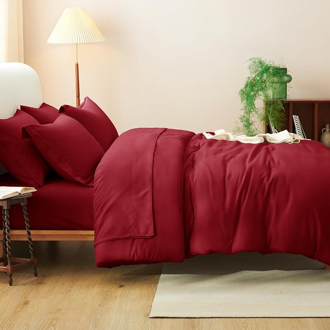 Queen Comforter Set Dark Red, 7 Pieces Bed in a Bag | OEKO-TEX Certified, All-Season, Bedroom, 240GSM Down Alternative Comforter, Flat & Fitted Sheets, 2 Pillowcases & 2 Shams