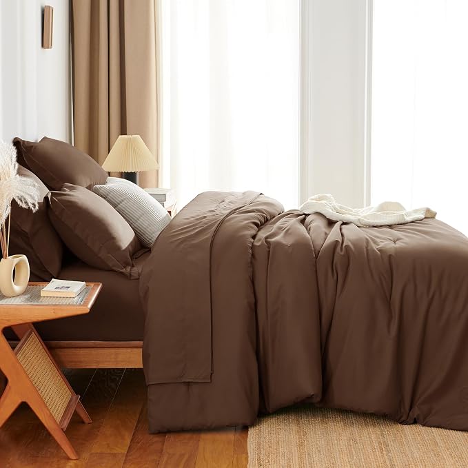 HIMEET Full Comforter Set, 7-Piece Point-Quilted Bed in a Bag, Brown | OEKO-TEX Certified, Lightweight 240 GSM Comforter, Flat Sheet, 14-Inch Deep-Pocket Fitted Sheet, Pillowcases & Shams