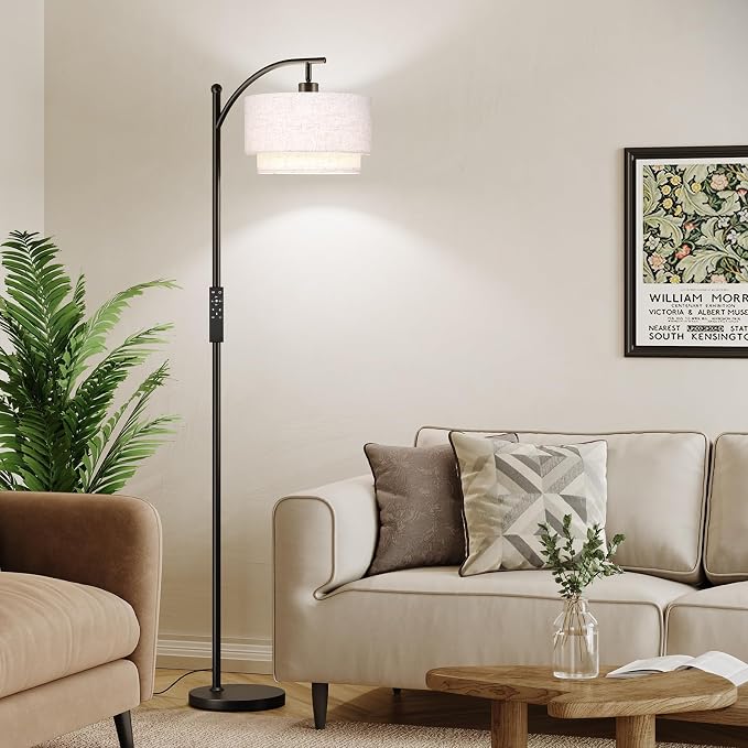 SUNMORY Arc Floor Lamps for Living Room with 12W Remote and Dimmable Bulb | Modern Floor Lamps with Adjustable Double Fabric Shades Shades, LED Lamp, Boho Standing Lamp for Bedroom, Corner, Home Decor